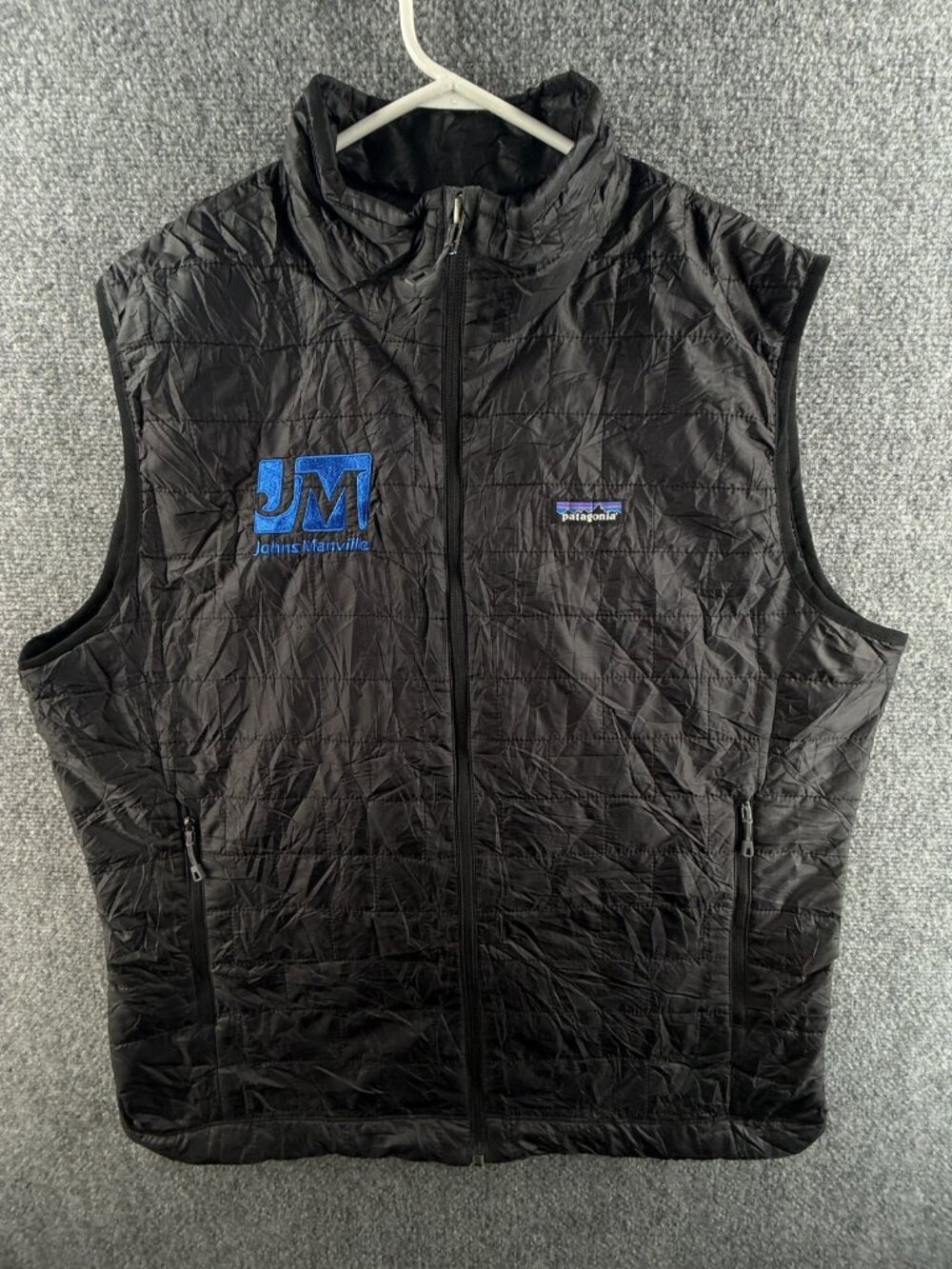 Patagonia Men Full Zip Pockets Industry Logo Black Quilted Vest Sleeveless Large